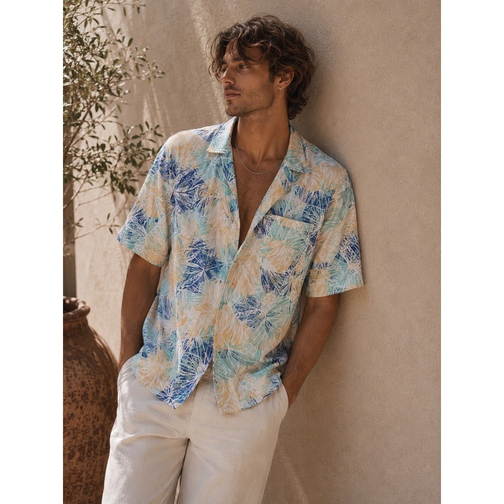 Columbia PFG Mens Large Tropical Palm Leaf Fishing Shirt Short Sleeve XM7448
